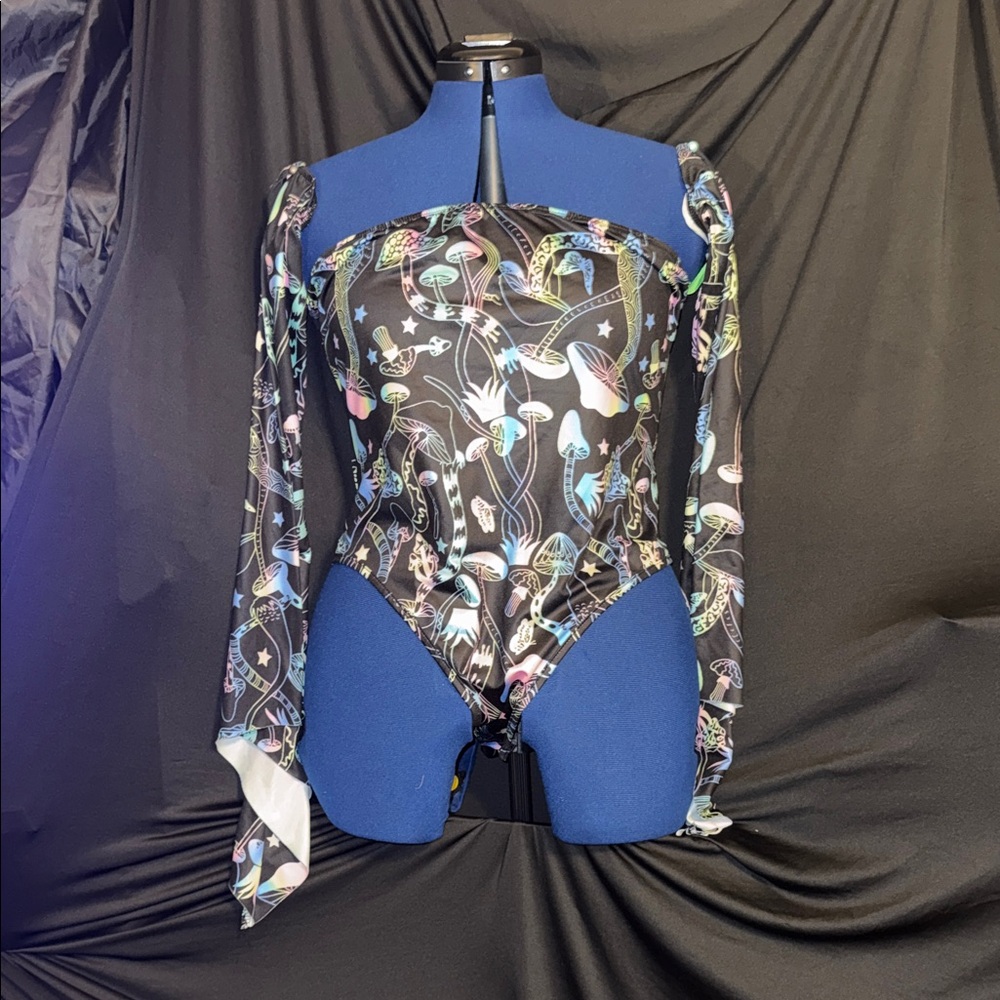 SHEIN Black Off-Shoulder Mushroom Print Bodysuit with Pastel Accents